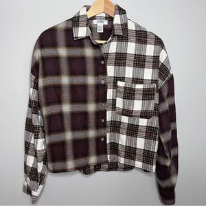 Just Polly Brown & Gray Plaid Button-Up Flannel Boxy Relaxed Shirt Size Small